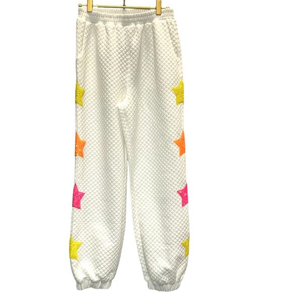 Mainstrip Pants - Mainstrip – Quilted Sequin Star Joggers – White – Size Small